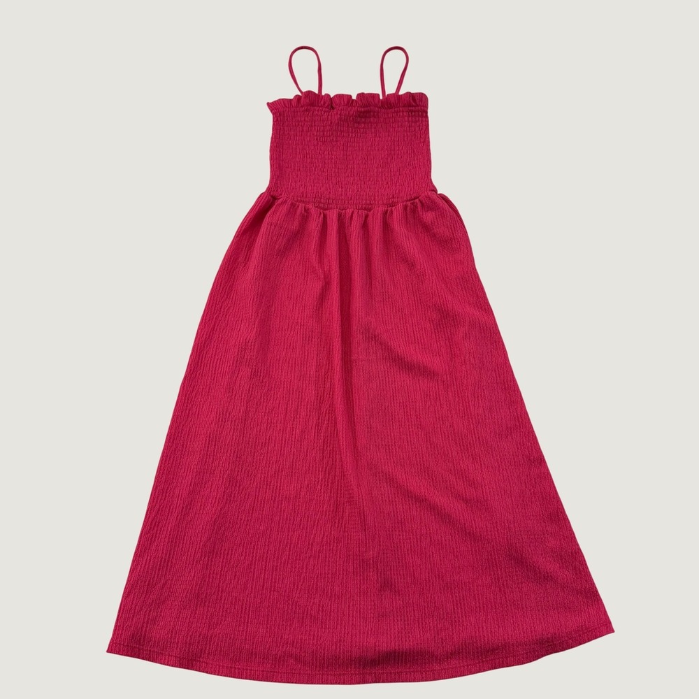 H&M Dress Womens Large Hot Pink Smocked Midi Sleeveless Strappy Crinkle Texture
